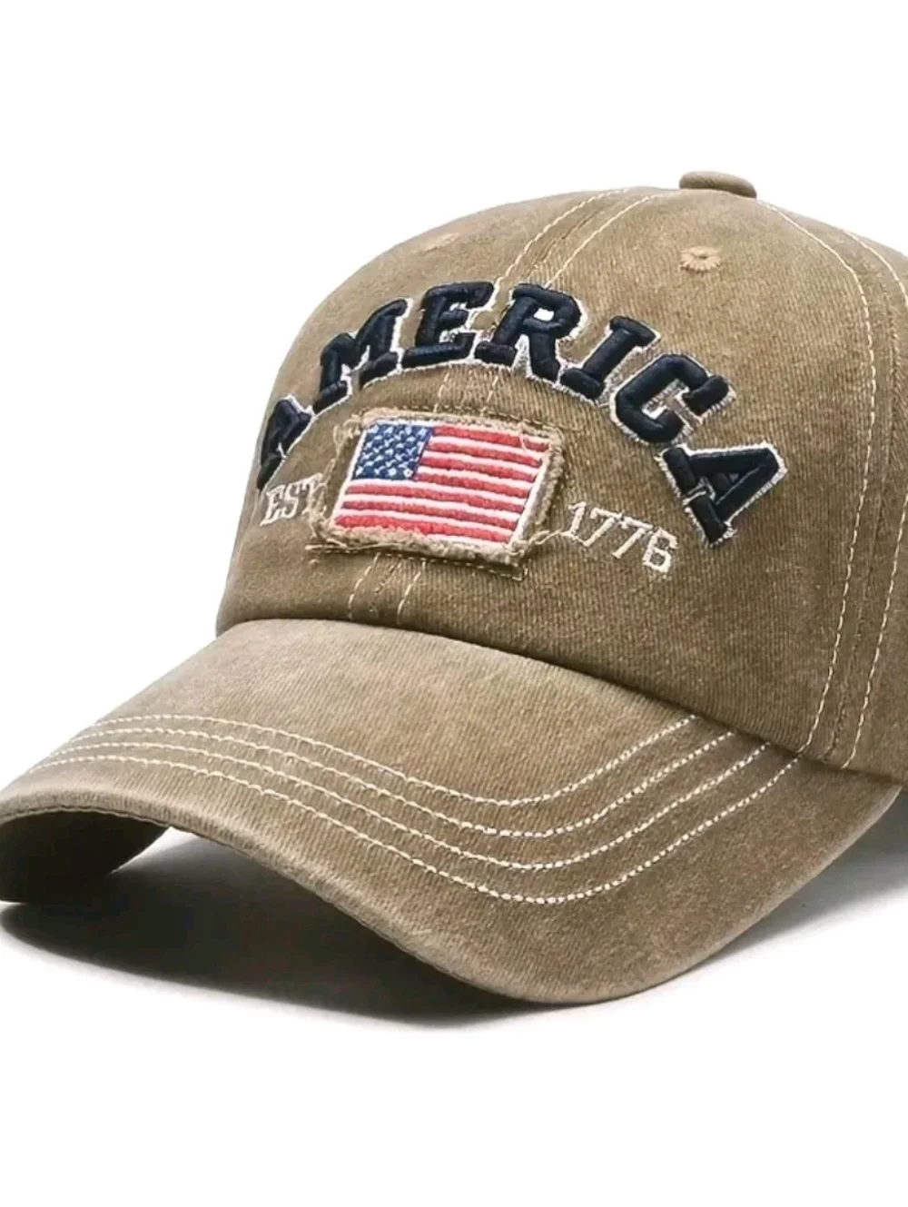 Khaki Baseball Cap with 'AMERICA' & Flag Embroidery